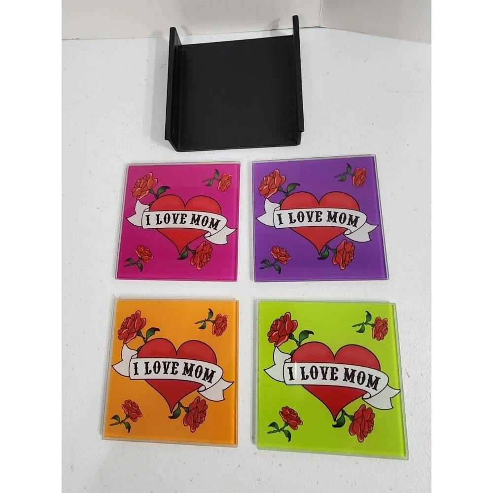 Mothers Day Gift I Love Mom Glass Coasters Hearts Roses Set Of 4 W/Case TMD